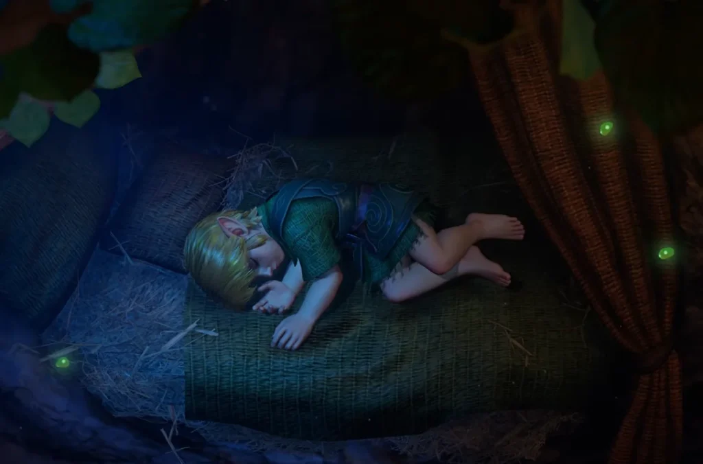Der junge Link liegt in seinem Bett im Kokiri-Wald und wird von Albträumen geplagt (Switch 2 Ocarina of Time Remake)